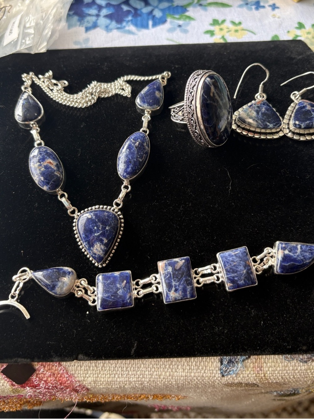 Sodalite Silver-Tone Jewelry Set - Necklace, Bracelet, Ring & Earrings